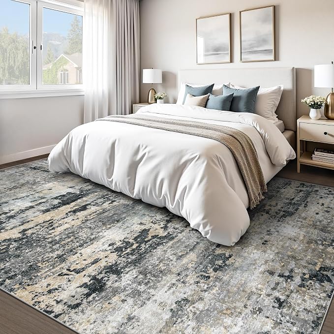 pmtsns Area Rugs 9x12 for Living Room: Washable Rug Modern Abstract Neutral Soft Non-Slip Low-Pile Indoor Large Carpet for Bedroom Dining Room Playroom Home Office (Black Grey Brown, 9'x12')