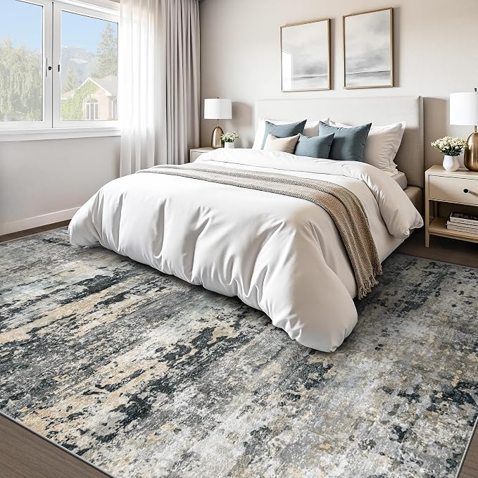 pmtsns Area Rugs 8x10 for Living Room: Washable Rug Modern Abstract Neutral Soft Non-Slip Low-Pile Indoor Large Carpet for Bedroom Dining Room Playroom Home Office (Black Grey Brown, 8'x10')