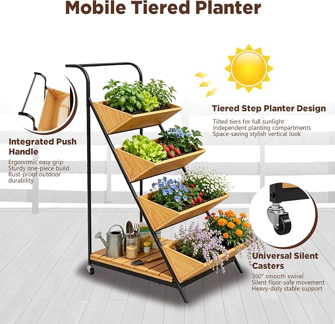 4-Tier Vertical Raised Garden Beds Indoor Outdoor Freestanding Tiered Planter Box with Metal Frame & Wheels for Herbs Vegetables Fruits Wooden Flower Display Stand for Patio, Balcony & Yard (Wood6)