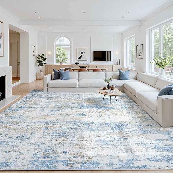 9x12 Area Rugs for Living Room: Washable Soft Blue White Abstract Carpet | Non-Slip TPE & Stain Resistant,0.25" Low-Pile,Kids Pet Friendly Modern Decor for Dining Room Farmhouse Office, Non-Shedding