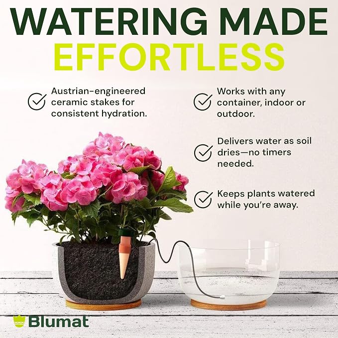 Blumat Classic Self-Watering Stakes - Prevents Overwatering and Underwatering for Healthy Growth While You are Away - Ideal for Indoor Plant Watering, 25 Pack, w Adapter