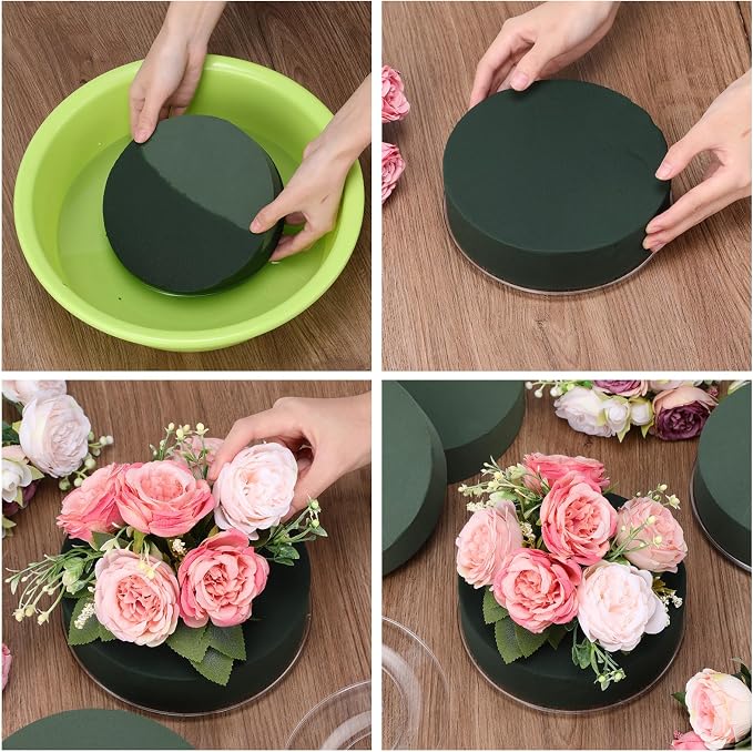 Threlaco 6 Sets Round Floral Foam and Clear Plastic Saucer Plant Drip Tray Floral Flower Dish Green Foam for Artificial Flowers Wedding Home Party Decoration
