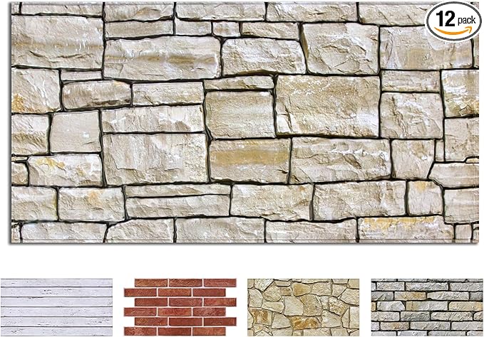COMSTICKC 3D Faux Stone Wall Sticker Peel and Stick Wall Covering, 12 pcs 22.8" x 11.8", DIY UrltraLight PVC 3D Self Adhesive Fake Brick Rock Paneling Interior Decor,Paintable,Covers 22.48 sq.ft