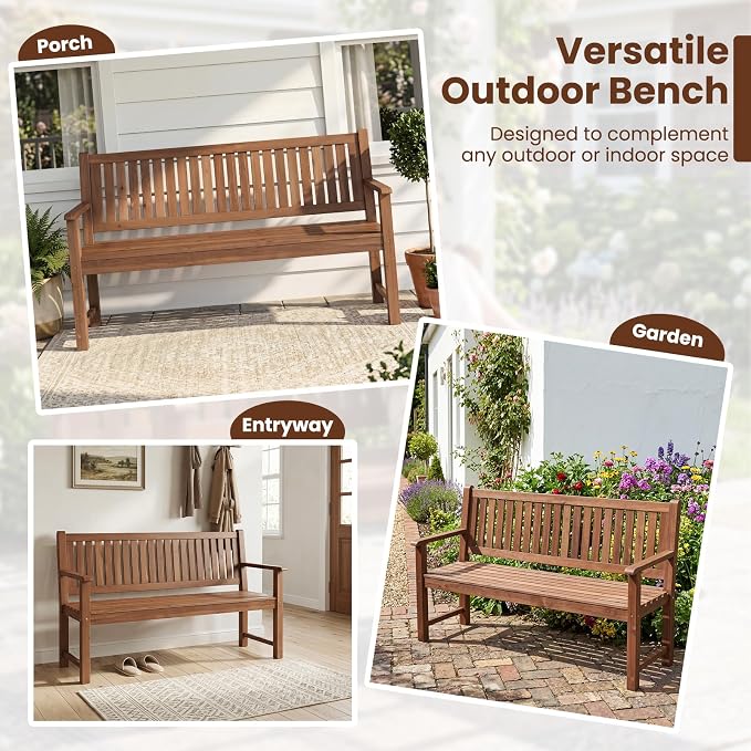 Tangkula 3-Seater Outdoor Wooden Bench, 59” Large Garden Bench with Backrest, Armrests, Slatted Seat, Loads up to 990 LBS, Fir Wood Bench Seating for Porch, Backyard, Deck, Poolside (59",Brown)