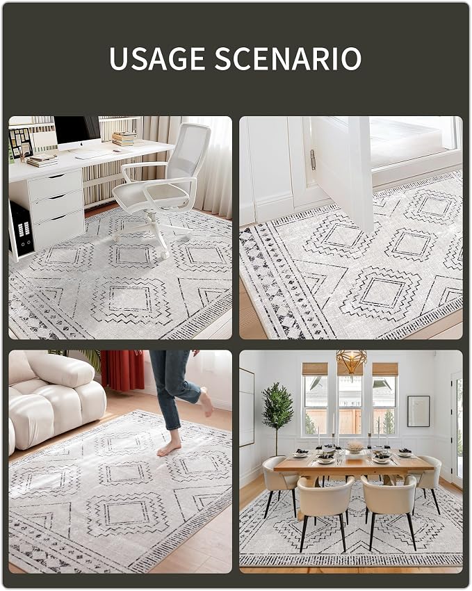 ILANGO Moroccan Area Rugs 3'x5' for Living Room Machine Washable Boho Area Rugs Dedroom with Rubber Backing Non Slip Carpet for Farmhouse Dining Room, Ultra-Thin, Foldable, Easy Clean