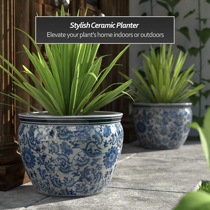 Red Lantern Large 18" Porcelain Fishbowl Blue & White Floral Planter or Cachepot for Indoor/Outdoor Use in Garden Entryway Living Room Boho Eclectic Modern Contemporary Classic Traditional Style Decor