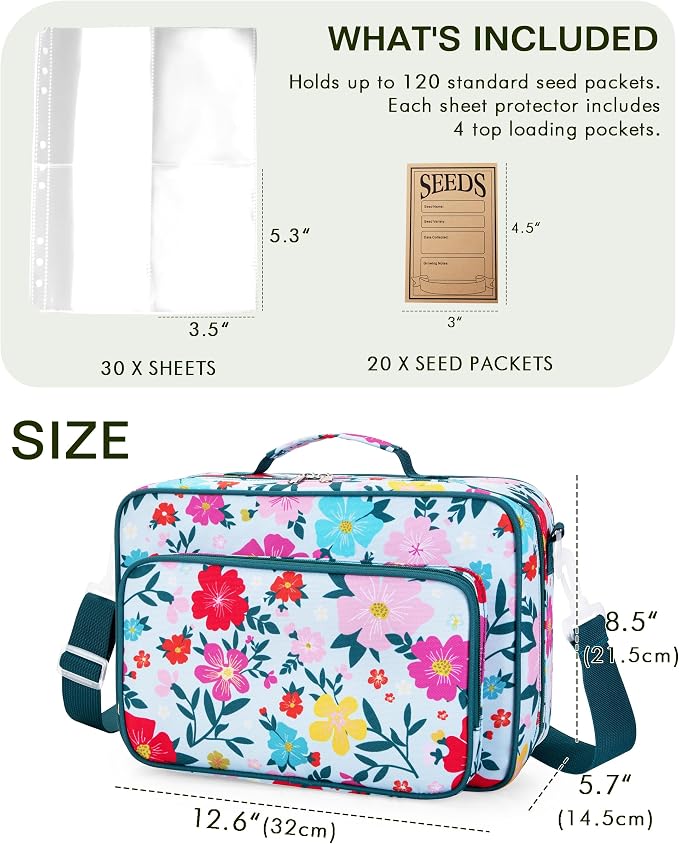 Seed Storage Organizer Binder with 20 Reusable Seed Envelopes | 30 Sheet Protectors Holds 120 Packets Envelopes, 1.5-Inch 3-Ring Binder, Handle & Adjustable Shoulder Strap,Ideal for Garden