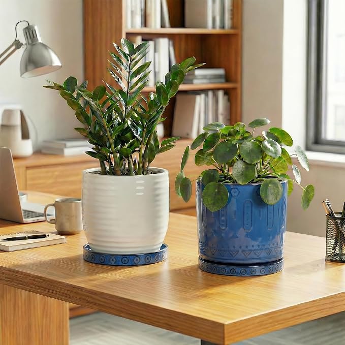 Eightpot Plant Water Catcher Tray 7.5 Inch, 2 Pack Ceramic Plant Saucer for Indoor Outdoor, Round Plant Plates to Catch Water, Modern Plants Drainage Tray, Decorative Plants Dish, Blue