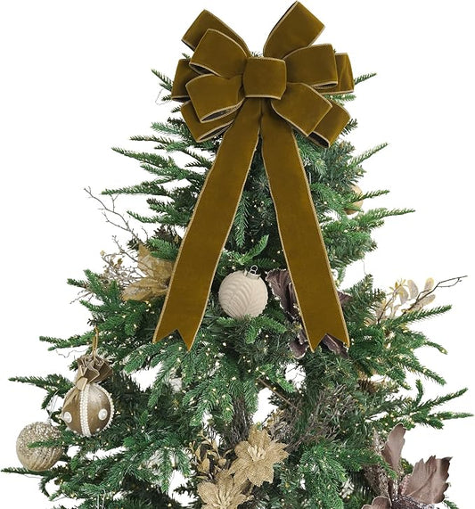 13" Khaki Pre-Tied Velvet Bow for Christmas Tree, Rustic Bow for Wreaths, Wedding, Premade Bows with Twist Tie, Tree Toppers Bows for Party Favor, Christmas Home Indoor Outdoor Decor-1 PCs