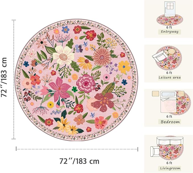 Latte&Fog 6ft Pink Round Area Rug for Girl Bedroom Washable Cute Circle Rug | Non Slip Low Pile Soft Floral Indoor Carpet for Living Room Kids Playroom Nursery Classroom Dorm Decor Dining Kitchen Office