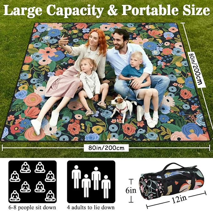 Picnic Blankets Waterproof Foldable Extra Large,80"x 80" Outdoor Beach Blanket Sandproof,3-Layer Lightweight Handy Mat Tote Picnic Camping Rugs for Outside Your Rv (Garden Party Floral Navy)