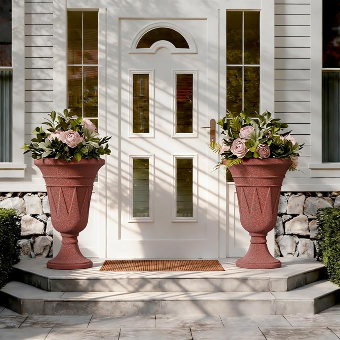 Tall Urn Planters for Outdoor Plants Set of 2-23.6" H Vintage Trophy Outdoor Planters for Porch Decor with Drainage Hole, Indoor Large Flower Pots, Pedestal Planter/Garden Vase, Brick Red