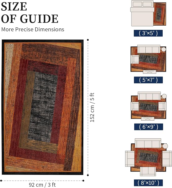 Brown Geometric Woody Area Rug 3x5 for Bedroom,Retro Farmhouse Rugs Washable,Vintage Rug Non Slip, Boho Area Rug for Kitchen,Dining Room,Living Room