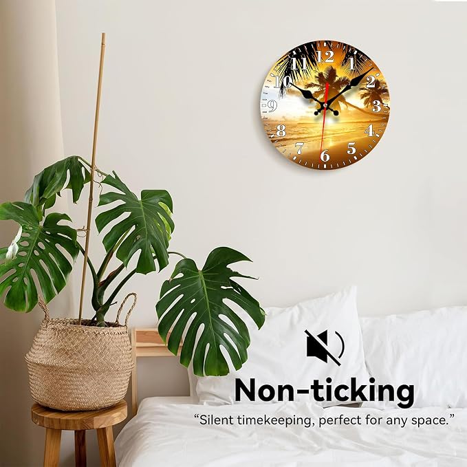 Wall Clocks Battery Operated, Tropical Palm Tree and Sunset on Ocean Beach Silent Non Ticking Decorative Indoor Outdoor Wall Clocks for Living Room Kitchen Bedroom Bathroom 12"