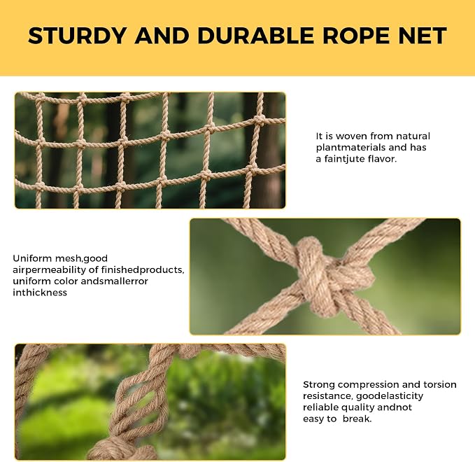 Jute Hemp Rope Net,Heavy Duty Natural Safety Rope Netting Balcony Stairs Fence Garden Playground Protection Net Indoor & Outdoor Decoration Rope Netting (6.5 FT x 10 FT-6mm)
