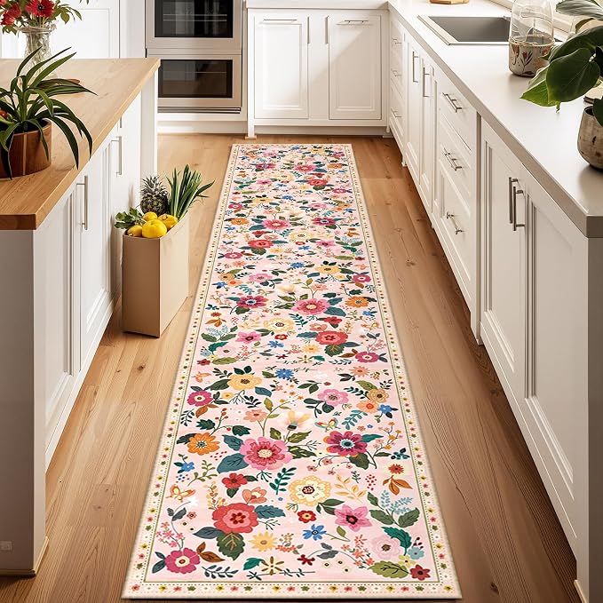 Floral Washable 2x10 Area Rugs Runner Entryway Hallway Pink | Flower Carpet, Print, Boho, Non-Slip, Easy to Clean, Low Pile, Soft, for Living Room Bedroom Kitchen Office Entrance