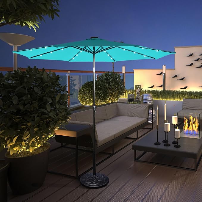 HAPPYGRILL 10FT Patio Umbrella with Lights Outdoor Solar Powered Sunbrella with Tilt Crank Umbrella for Garden Poolside Backyard Beach