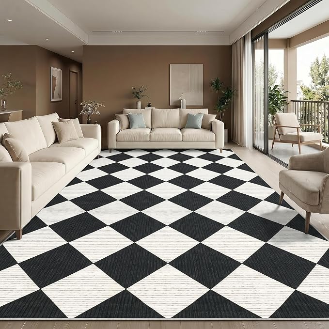 GarveeHome Black and White Area Rug 9x12 Living Room Checkered Washable Rug | Large Diamond Non Slip Backing Floor Mat Indoor Soft Thin Carpet for Bedroom Dining Room Playroom Nursery Home Decor
