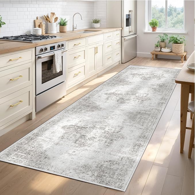 Runner Rug 2x8 Washable Rug, Vintage Boho Medallion Hallway Runner Non-Slip Soft Low Pile Distressed Floor Carpet Retro Doormat for Kitchen Bedroom Laundry Entryway Bathroom (Grey, 2'x8')