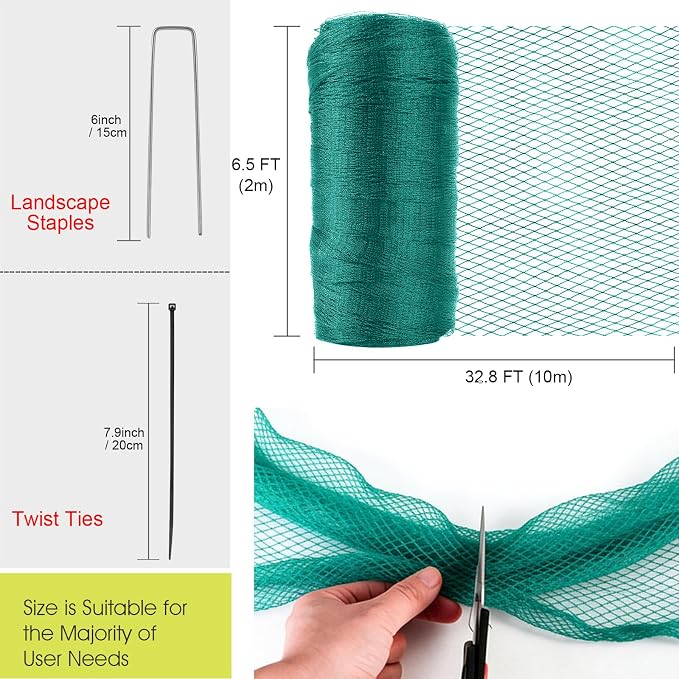 Bird Netting for Garden Protection, 7.5 x 33 FT Heavy Duty Garden Netting with Ties and Landscape Staples for Vegetable, Fruit Trees & Other Plants Against Birds Deer Squirrels and Poultry