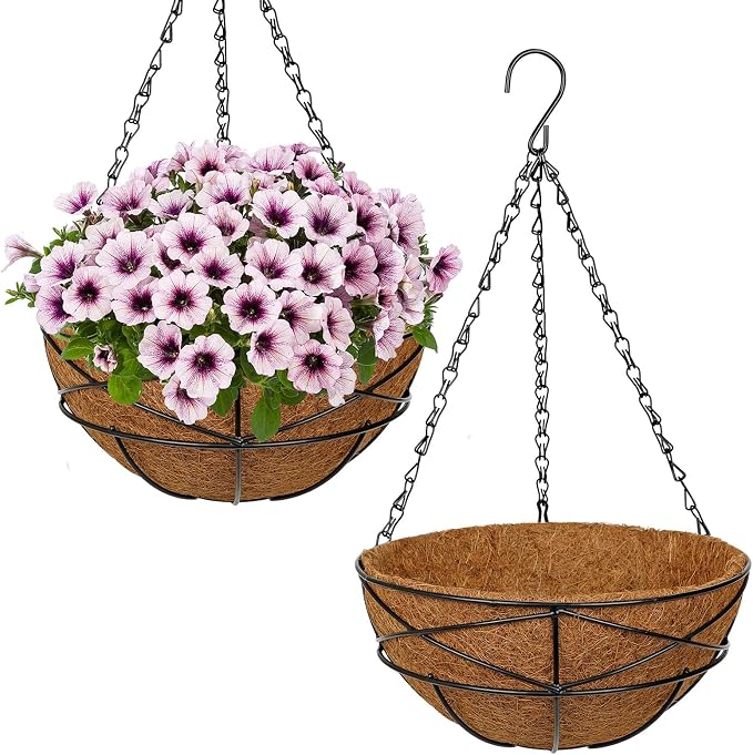 2 Pack 10 inch Metal Hanging Baskets for Plants Outdoor Metal Wire Hanging Basket Planter with Coco Fiber Liners Flower Pots for Home Porch Garden Patio, Diamond-Shaped