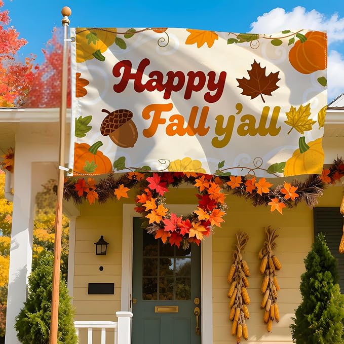 Fall Flag 3x5 Ft Thanksgiving Flag Happy Fall Y'all Banner Double Printed Harvest Pumpkins Maple Leaves Thanksgiving Party Supplies Backdrop Autumn Yard Sign Outdoor Indoor Holiday Decor