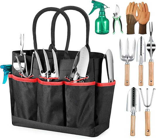 Grenebo Garden Tools 9-Piece Heavy Duty Gardening Hand Tools with Fashion and Durable Garden Tools Organizer Handbag, Rust-Proof Garden Tools Set, Ideal Gardening Gifts for Women (Black Red)