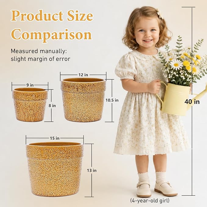 Ceramic Planters Set of 3, 15/12/9 Inch Indoor & Outdoor Large Plant Pots with Drainage Hole, Handmade Speckled Glaze Decorative Flower Pots for Indoor Plants, Patio & Garden, Antique Yellow