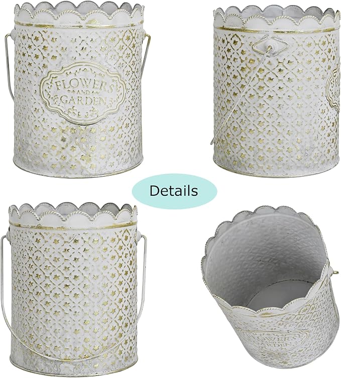 Set of 3 Vintage Distressed Metal Planter Rustic "Flowers and Garden" Embossed Flower Pots with Scalloped Edge & Handle Farmhouse Decorative Floral Buckets for Dried Flowers, Home Garden Decor