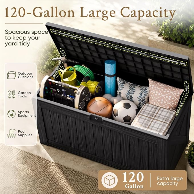 Devoko 120 Gallon Deck Box Resin Outdoor Storage Box Waterproof for Patio, Large Outdoor Storage Bench Lockable for Outside (Black)