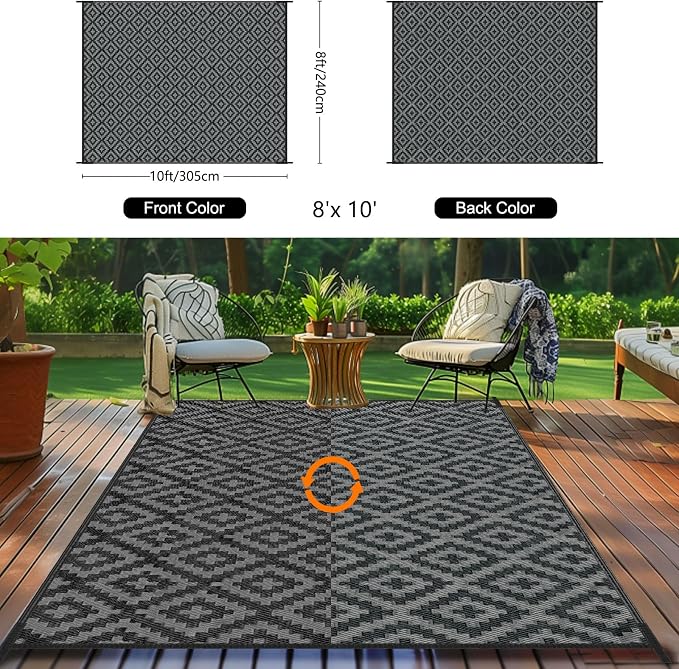 Outdoor Patio Plastic Straw Rug - 8x10 ft Outdoor Camping Rug Waterproof Reversible, Area Carpet Patios RV, Outside Porch Balcony Deck for Camper, Black & Grey