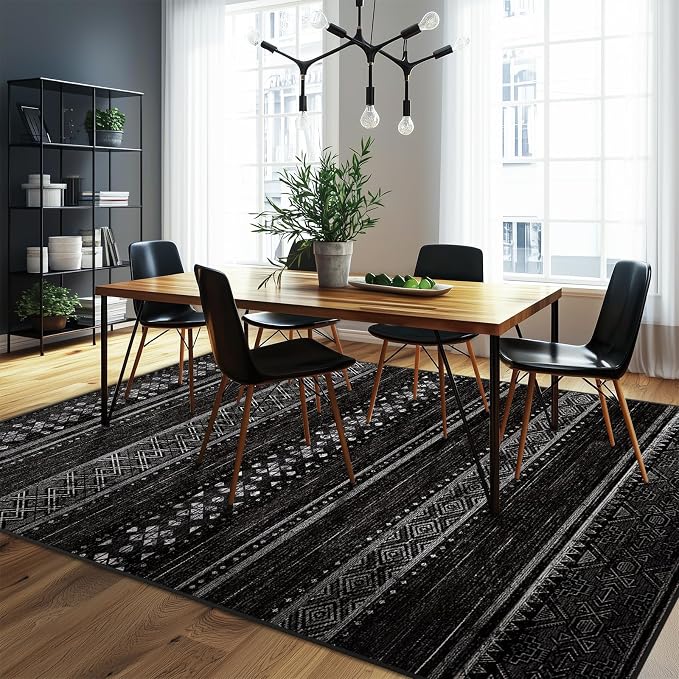 6x9 Washable Area Rugs for Living Room Boho Bedroom Rug Black/White | Vacuum Friendly, Machine Washable, Non-Slip Rug, Stain Resistant, Moroccan Geometric, Low Pile Carpet, Dining Room Kitchen