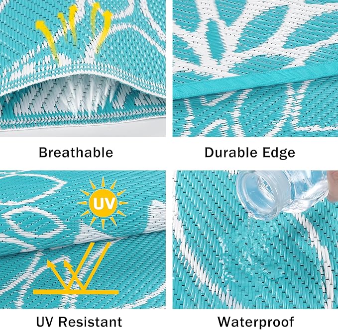 Ileading Waterproof Outdoor Rug 6x9, Reversible Plastic Straw Patio Rug, Portable Indoor Outdoor RV Camping Mat Carpet for Deck, Porch, Balcony, Backyard, Picnic, Floral Teal