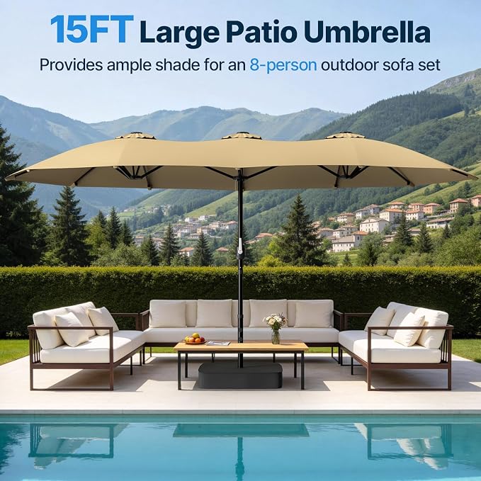 Suteck 15FT Patio Umbrella with Base Included - Double-Sided Outdoor Large Umbrella with & Crank Handle, UV & Fade Resistant Canopy for Poolside, Backyard, Deck and Market (Beige - with Base)