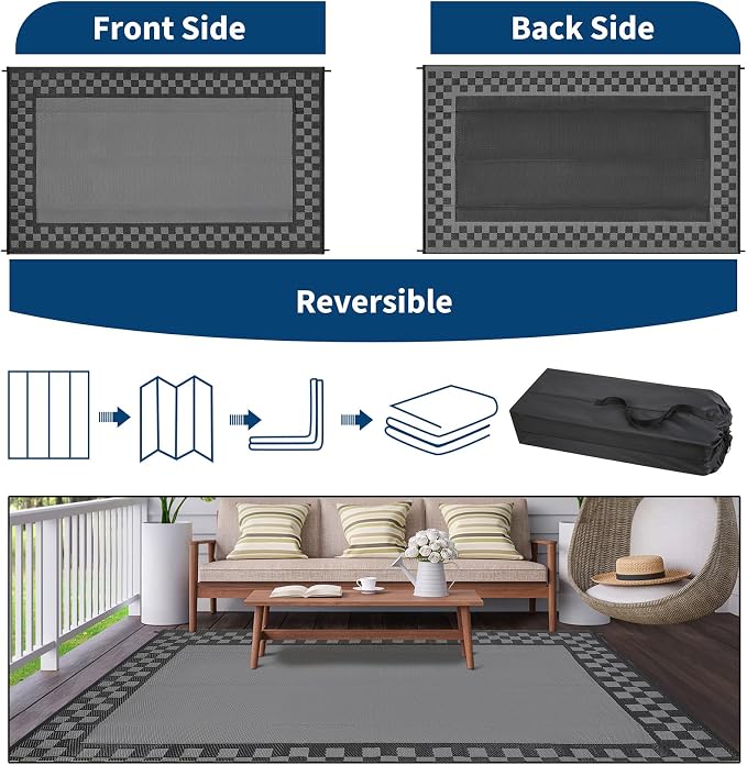 Patio Modern Geometric Border Outdoor Rug 10x14 Waterproof Large Reversible Camping Mat Foldable Lightweight Plastic Straw Outdoor Rug for Deck, Porch, Camper, Balcony, Beach, Rv，Black/Grey