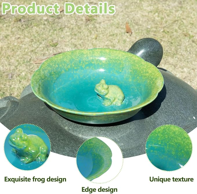 10" W Ceramic Bird Bath Bowl,Bird Bath for Outdoors with Frog Decor.