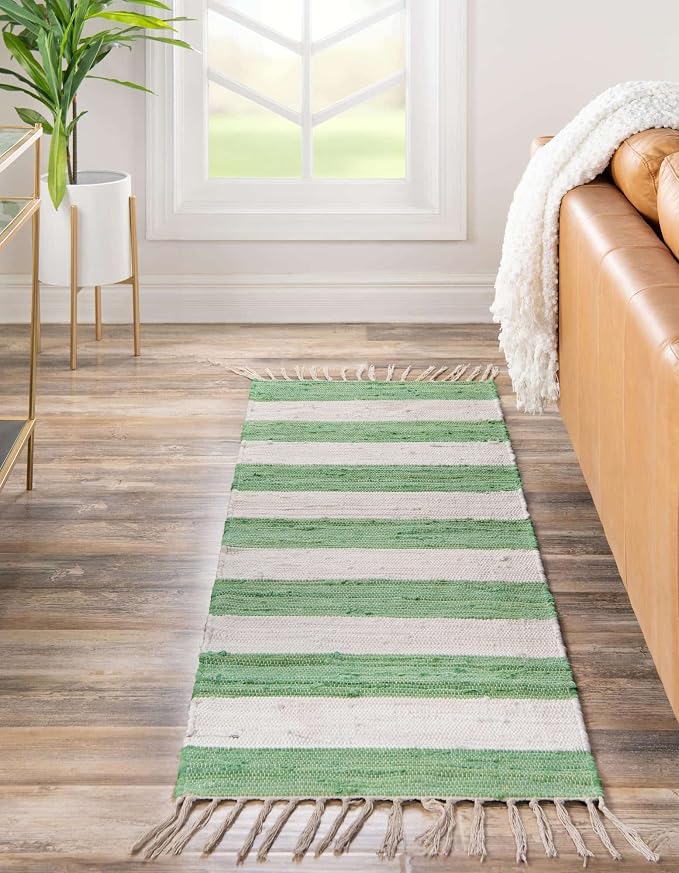 Unique Loom Chindi Rag Collection Area Rug - Striped (2' 2" x 6' 1" Runner, Green and Ivory)