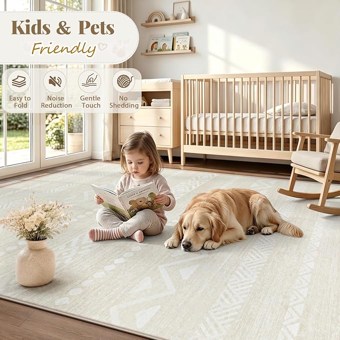 Zomfy Washable Rug 8x10 Area Rugs for Living Room(Beige, 8'x10') | Geometric Boho Modern Rugs Large Non Slip Soft Carpet Low Pile No Shedding Print Rug for Bedroom Dining Room Home Office