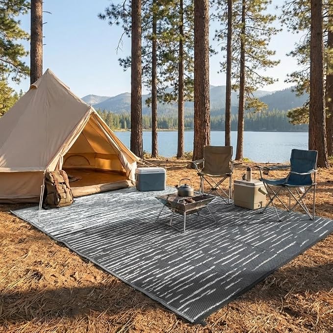 Garvee Modern Outdoor Rug 8x10 Patio Waterproof, Neutral Striped Plastic Straw Rug, Camping Rugs for Outside Your RV, Reversible UV Resistant Mats for Backyard, Deck, Picnic, Camper, Grey
