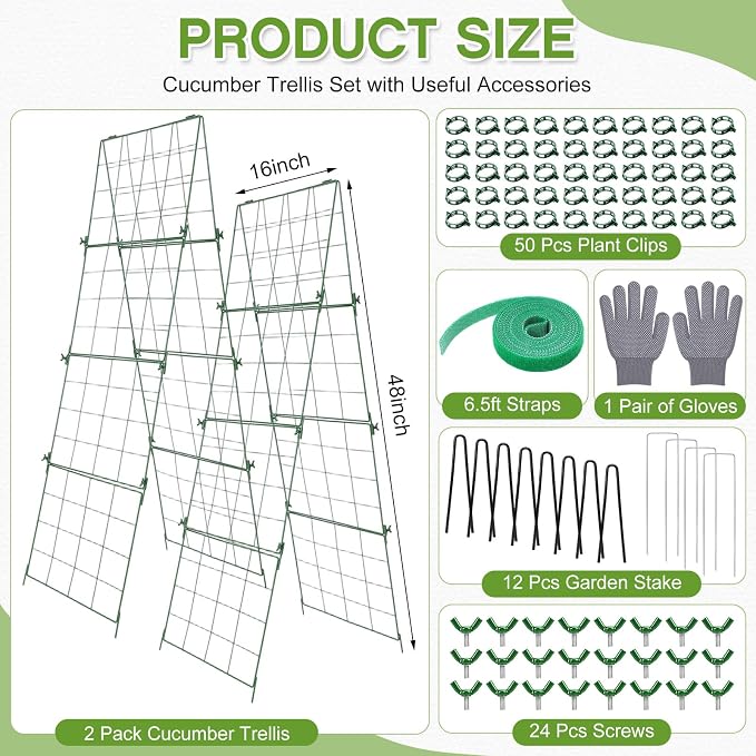 Chumia 2 Pack 48" x 16" Thickened Cucumber Trellis for Raised Bed Garden, Foldable A Frame Metal Garden Trellis for Climbing Plants Outdoor Plant Support for Vegetables Fruit, Green