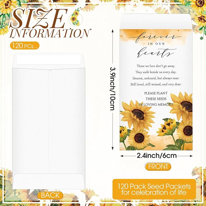 Fumete 120 Pack Sunflower Seed Packets Bulk Memorial Day Sunflower Coin Envelopes Kraft Small Celebration of Life Funeral Favors for Guests Loss of Loved One Veterans Day Gift, 3.9 x 2.4 Inch