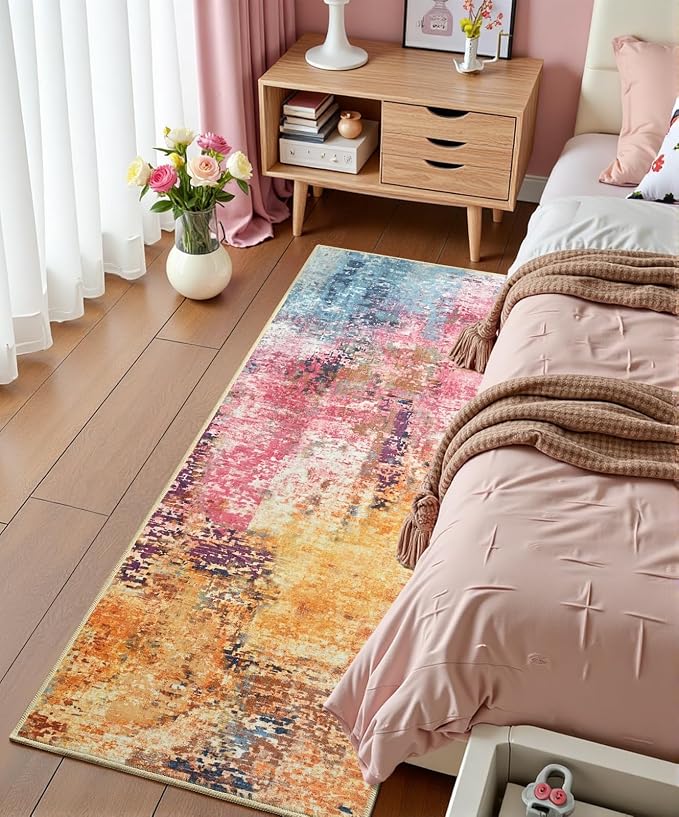 Colorful Washable Runner Rug for Bedroom, Abstract Non-Slip Soft Entryway Rugs, Modern Low Pile Stain Resistant 2x6 Carpet for Entryway, Kitchen, Hallway, Bedside