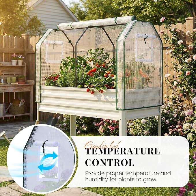 King Bird Large Raised Garden Bed with Cover Galvanized Elevated Planter Box with Legs 48×24×56 in for Backyard, Patio, Balcony, 700lb Capacity, Beige