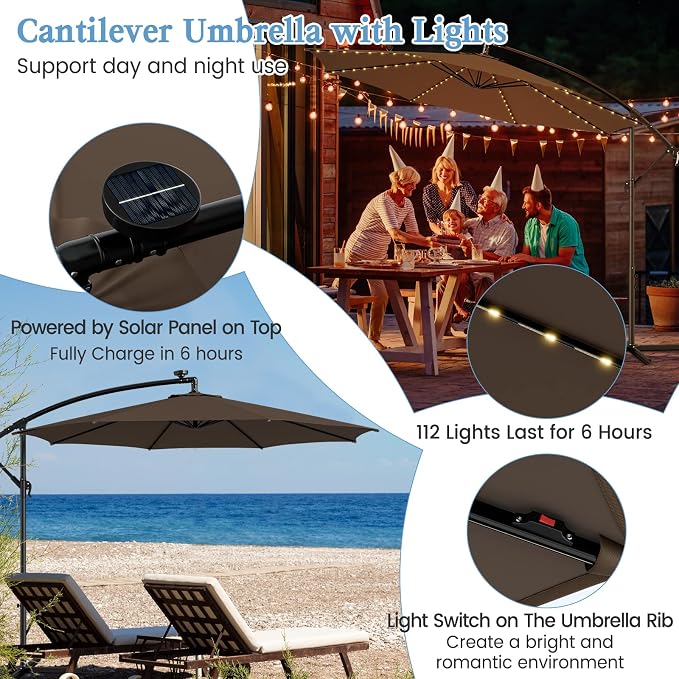 HAPPYGRILL 10FT Cantilever Patio Umbrella with Solar Lights, Outdoor Hanging Offset Umbrella with 112 LED Lights, Tilt Design, Crank Handle, Cross Base Stand for Garden Yard Deck