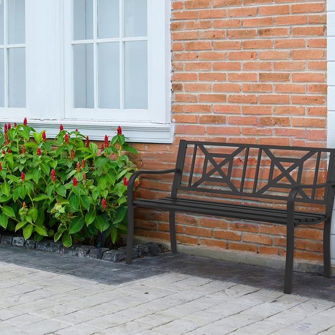 Outdoor Bench Garden Bench, 50" Anti-Rust Patio Bench Clearance, Iron Metal Frame Outdoor Benches Weatherproof for Front Porch, Yard, Lawn, Deck