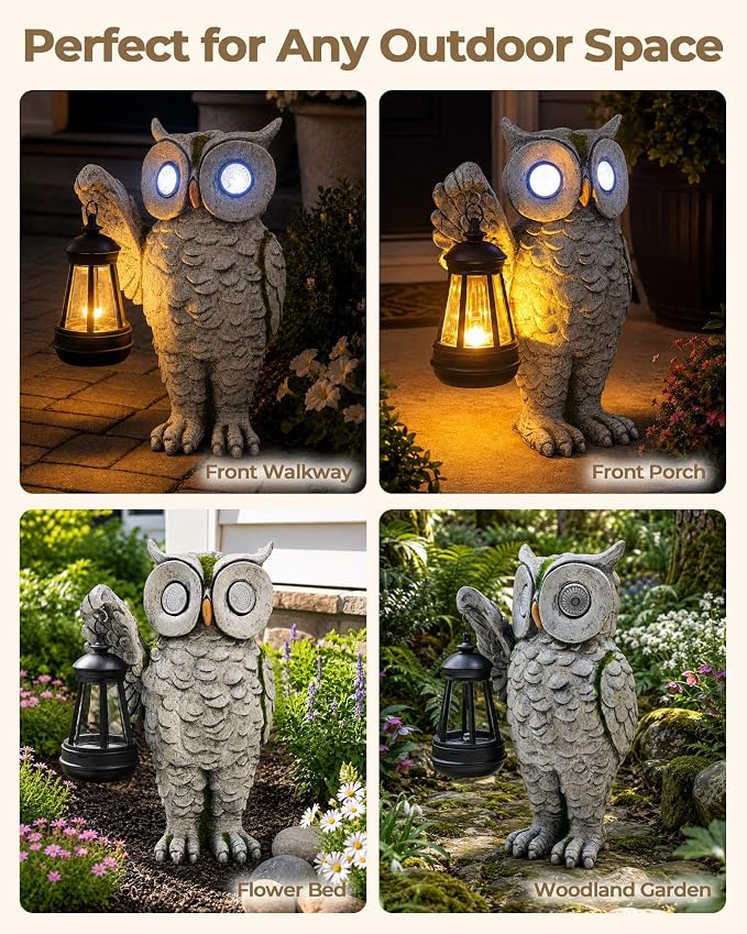 Solar Owl Statue Outdoor Decor | Stone-Look Resin Owl Garden Sculpture with Glowing Eyes & Hanging Lantern | Realistic Weathered Finish for Patio, Lawn, Porch, Flower Bed | Gardening Gift