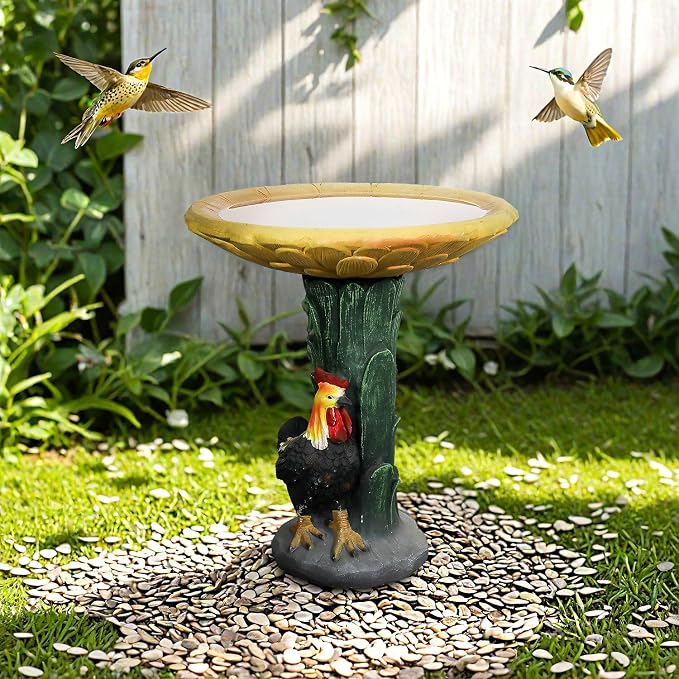 SKYFIRE 23" H Outdoor Concrete Bird Bath - Sunflower Birdbath Bowl with Leaf Pedestal for Garden, Patio, Lawn, Yard, Outdoor Decor -20”Dia. X 23”H Rooster and Chicken Bird Bath Outdoor Garden Statue