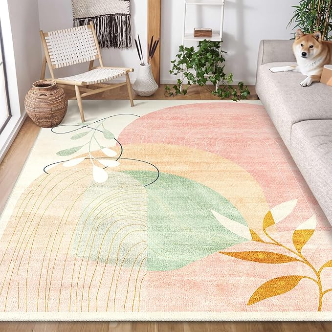 5x7 Area Rugs Washable Low Pile Non Slip Mid Century Modern Large | Machine Washable Throw Carpet for Living Room Bedroom Office Dining Room Indoor Boho Abstract Retro Geometric Pink