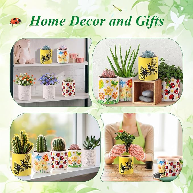Zubebe 12 Pcs Paint Your Own Ceramic Pots Bulk Unfinished Succulent Pots Craft Kit with Drainage Hole Mini Paintable Plant Vase Ready to Paint Planter for Cactus DIY Craft (Insect)