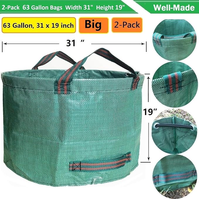 Professional 2-Pack 63 Gallon Lawn Garden Bags Big (D31,H19 in) Yard Waste Bags with Gardening Gloves for Reusable Leaf Bag,Garden Trash Containers,Lawn Weeds,Grass Clippings,Yard Debris Bag 4 Handles